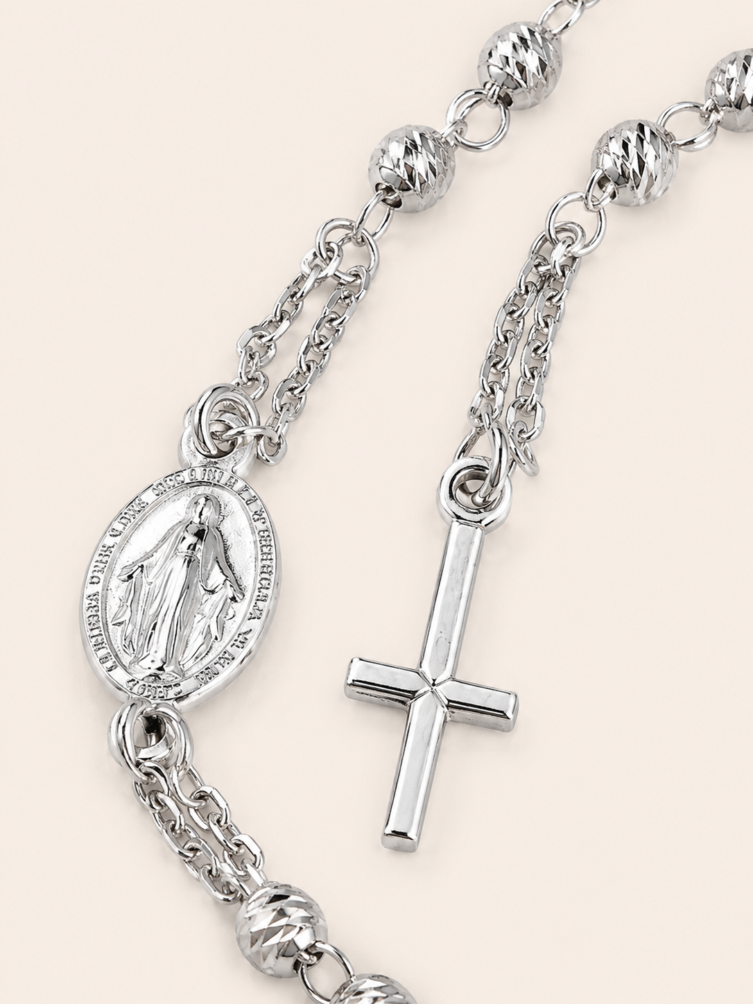 Amen Bracciale Rosario Argento 925 Rodiato Grani Diamantati Croce e Madonna Miracolosa