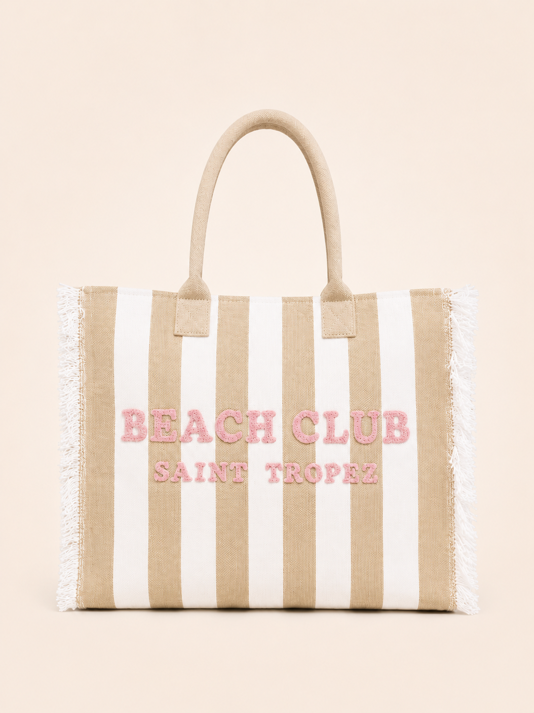Marinette Saint Tropez Borsa Beach Club Righe Beige e Bianco Scritta Rosa