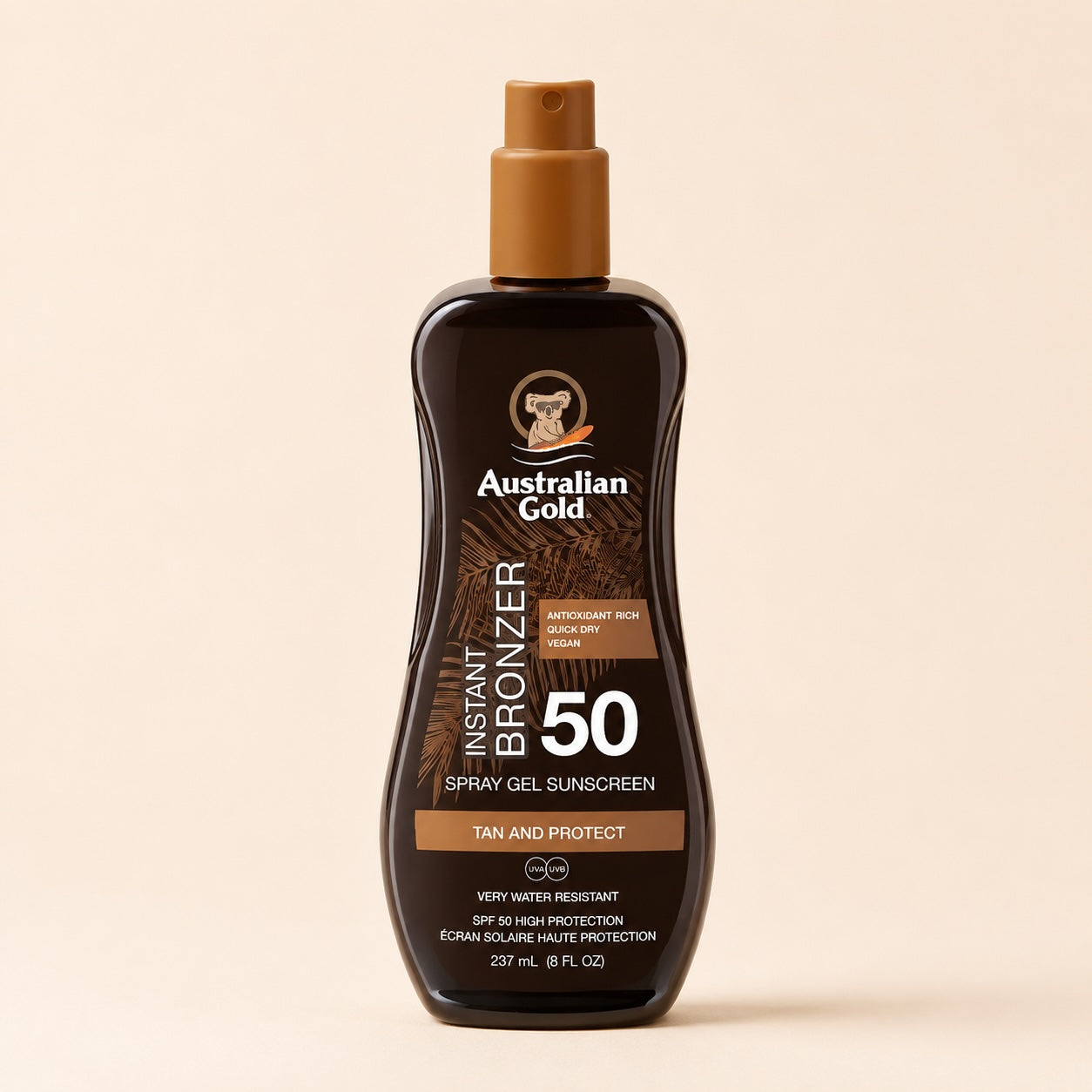 Australian Gold Instant Bronzer Spray Gel Solare SPF50 con Bronzer 237ml