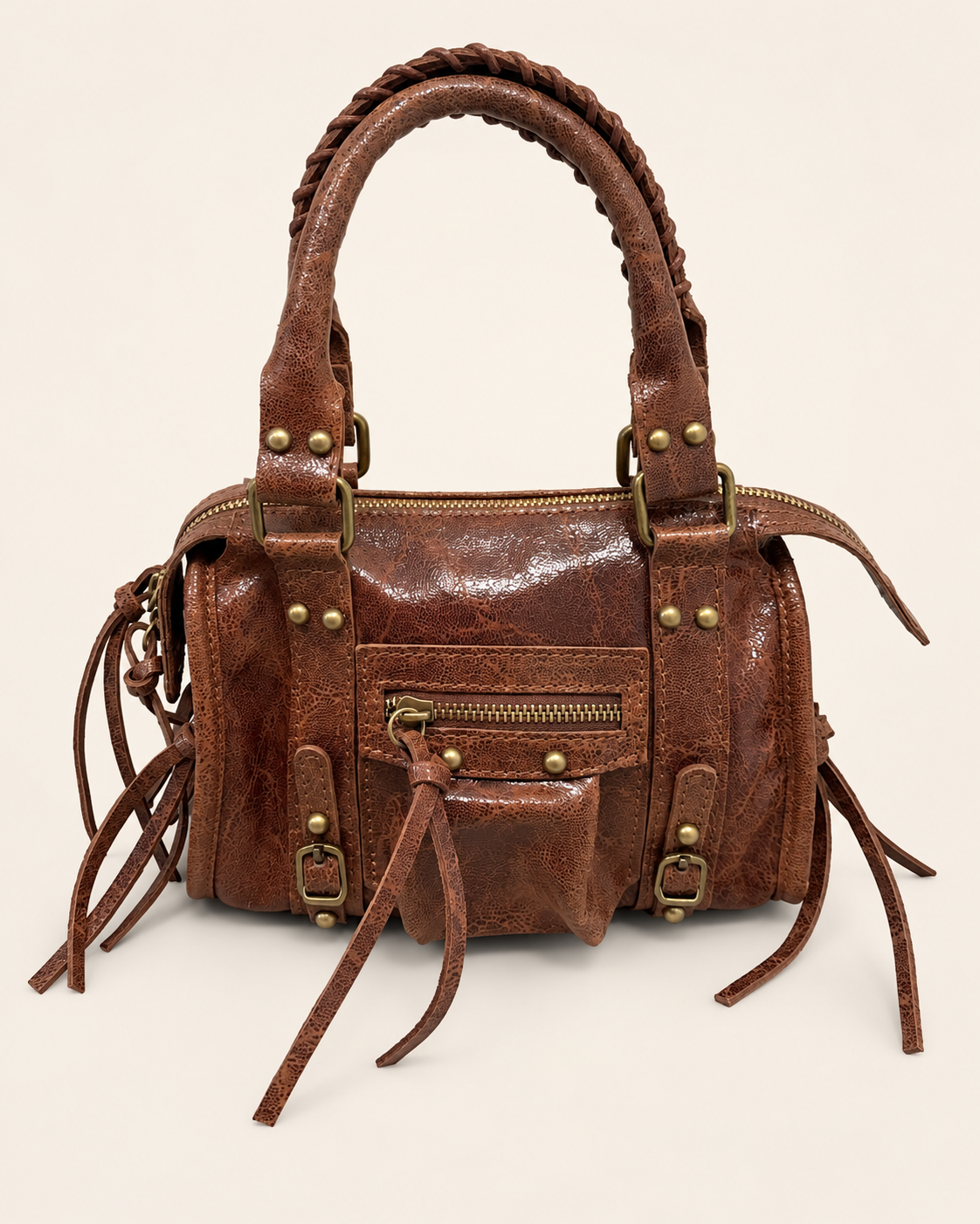 Borsa in Vera Pelle Lucida con Frange Made in Italy Marrone