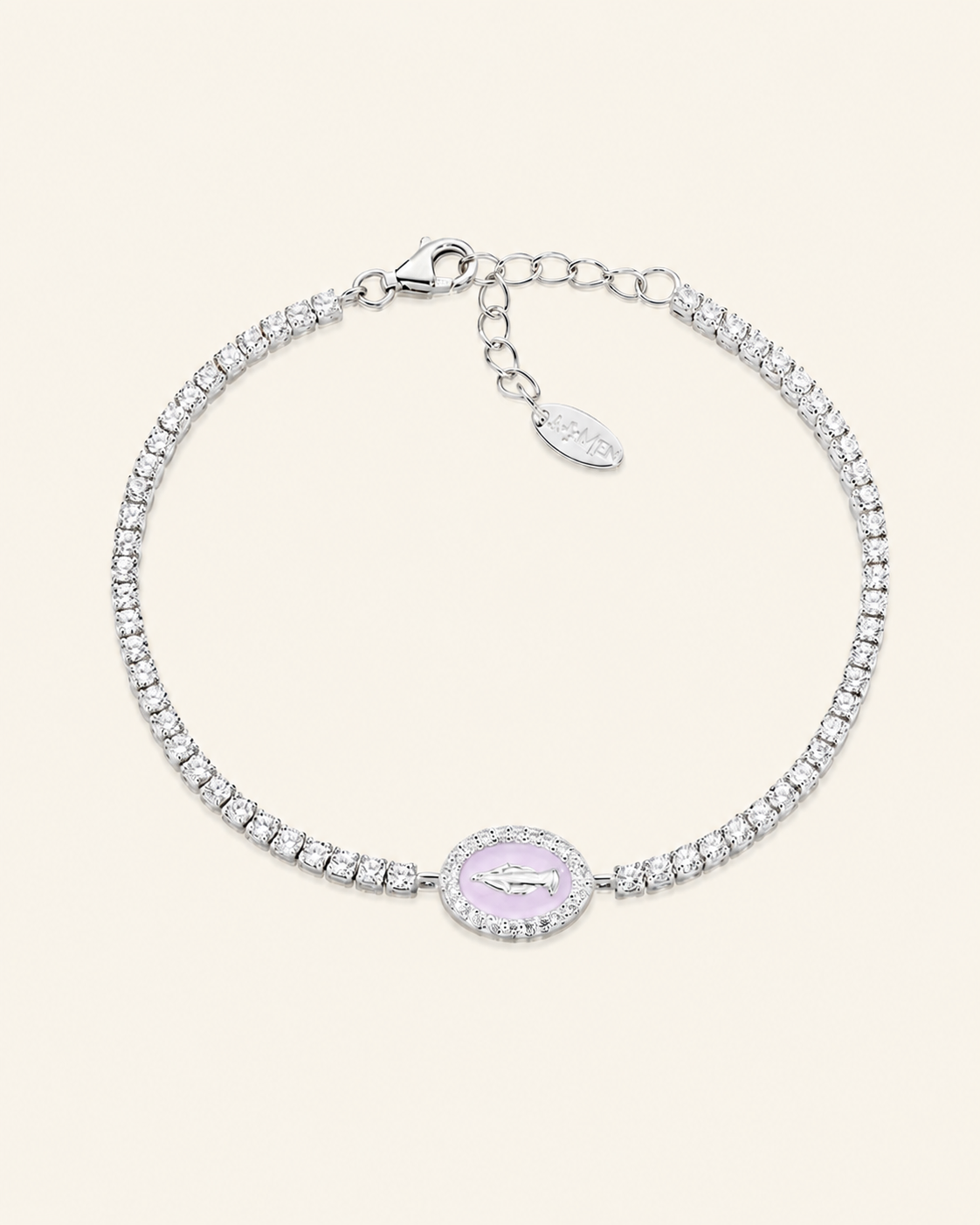 Amen Bracciale Tennis Argento 925 Madonna Miracolosa Smalto Rosa e Zirconi Bianchi
