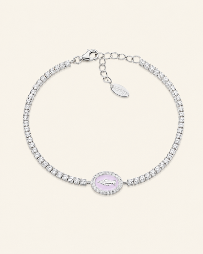 Amen Bracciale Tennis Argento 925 Madonna Miracolosa Smalto Rosa e Zirconi Bianchi