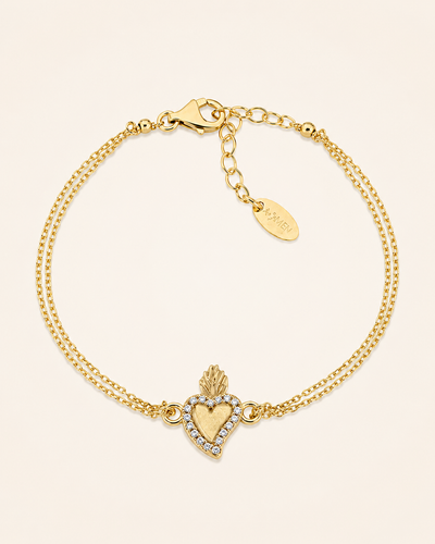 Amen Bracciale Doppio Filo Argento 925 Dorato Sacro Cuore con Zirconi Bianchi