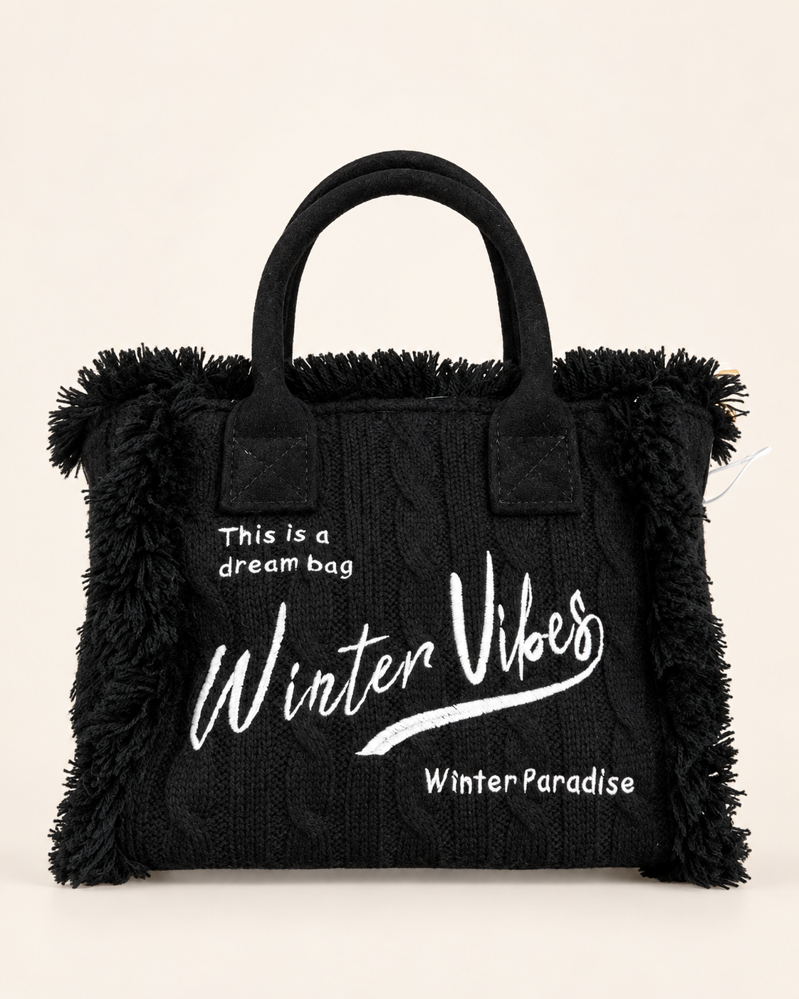 Borsa Winter Vibes – Tote in maglia trecciata con frange