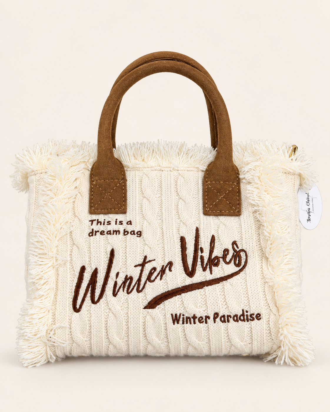 Borsa Winter Vibes – Tote in maglia trecciata con frange