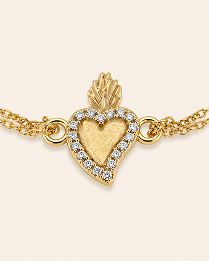 Amen Bracciale Doppio Filo Argento 925 Dorato Sacro Cuore con Zirconi Bianchi