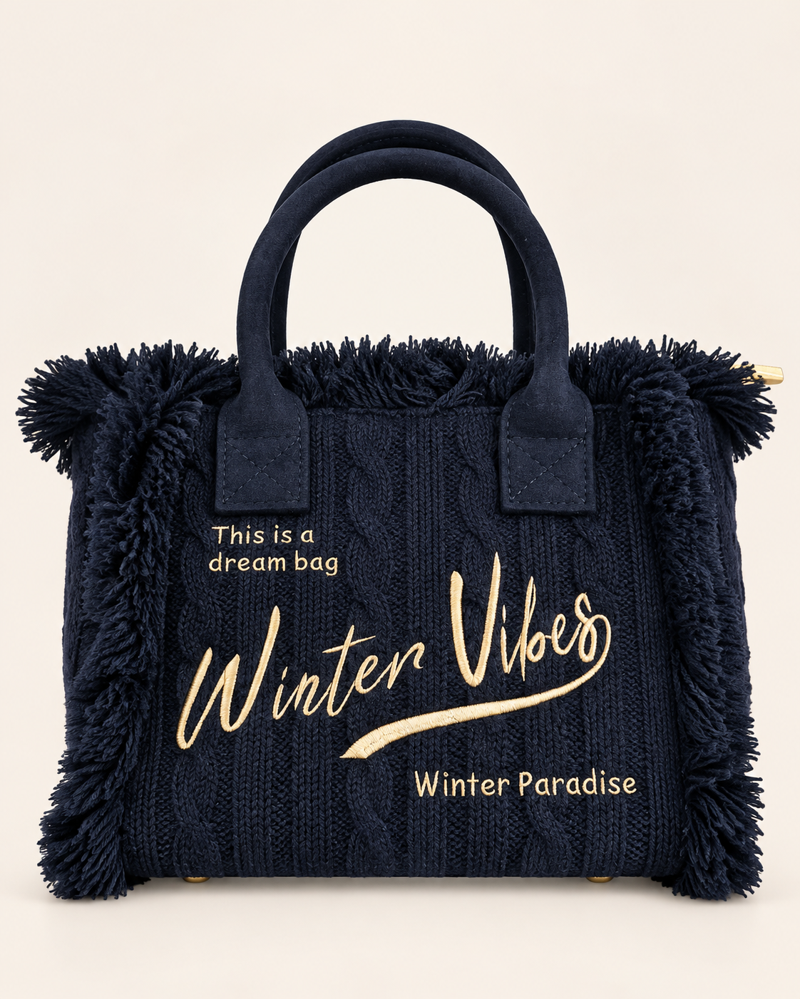 Borsa Winter Vibes – Tote in maglia trecciata con frange