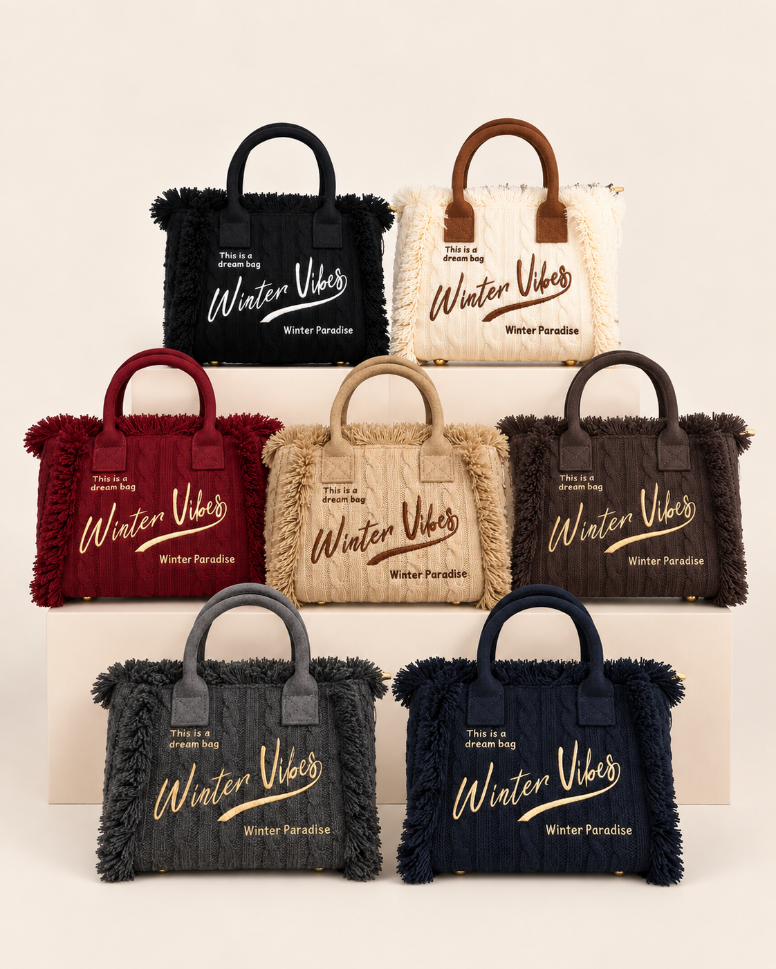 Borsa Winter Vibes – Tote in maglia trecciata con frange