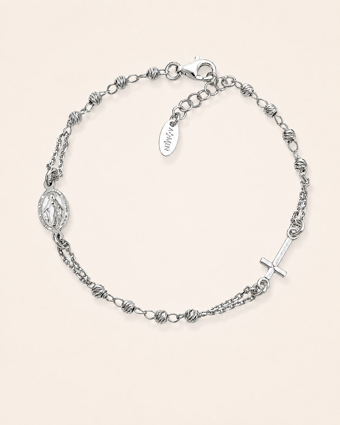Amen Bracciale Rosario Argento 925 Rodiato Grani Diamantati Croce e Madonna Miracolosa
