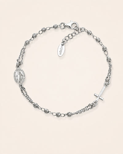 Amen Bracciale Rosario Argento 925 Rodiato Grani Diamantati Croce e Madonna Miracolosa
