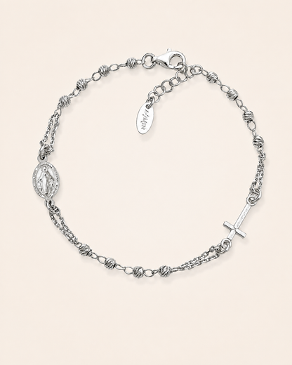 Amen Bracciale Rosario Argento 925 Rodiato Grani Diamantati Croce e Madonna Miracolosa