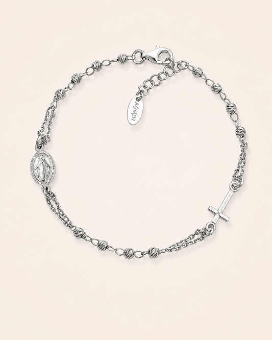 Amen Bracciale Rosario Argento 925 Rodiato Grani Diamantati Croce e Madonna Miracolosa