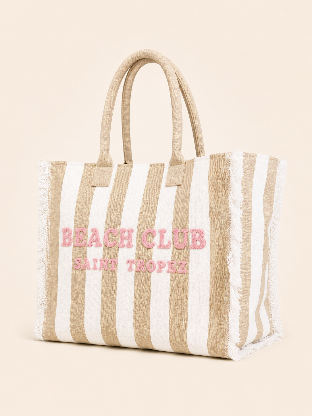 Marinette Saint Tropez Borsa Beach Club Righe Beige e Bianco Scritta Rosa
