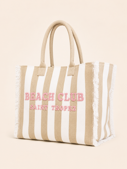 Marinette Saint Tropez Borsa Beach Club Righe Beige e Bianco Scritta Rosa