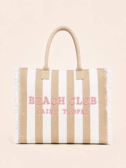 Marinette Saint Tropez Borsa Beach Club Righe Beige e Bianco Scritta Rosa