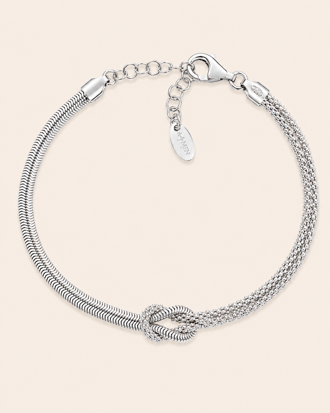 Amen Bracciale Nodo d'Amore Argento 925 Rodiato Due Catene Snake e Popcorn