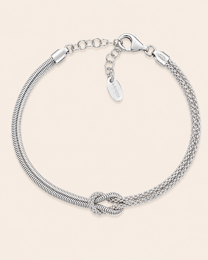 Amen Bracciale Nodo d'Amore Argento 925 Rodiato Due Catene Snake e Popcorn