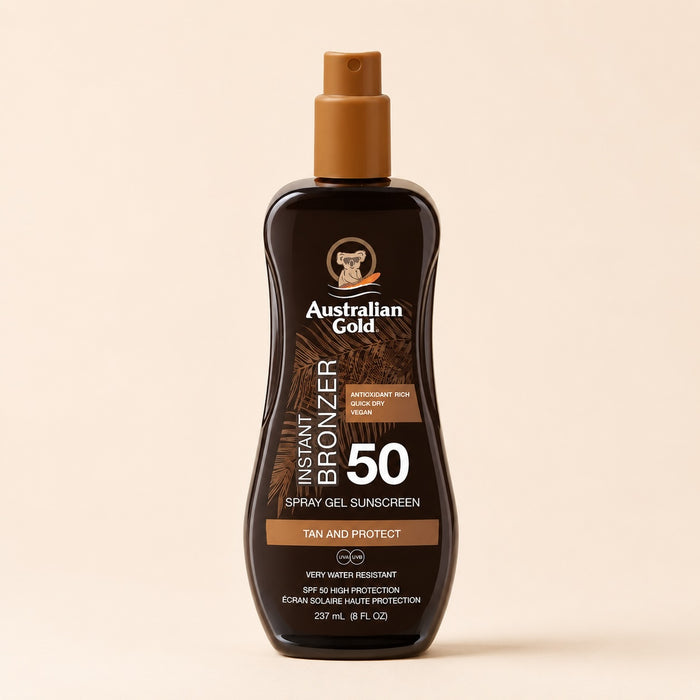 Australian Gold Instant Bronzer Spray Gel Solare SPF50 con Bronzer 237ml