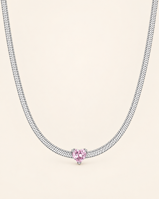 Luca Barra Collana in Acciaio Catena Snake con Cuore Zircone Rosa