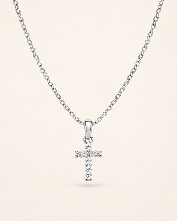 Amen Collana Argento 925 Rodiato Croce Pendente con Zirconi Bianchi