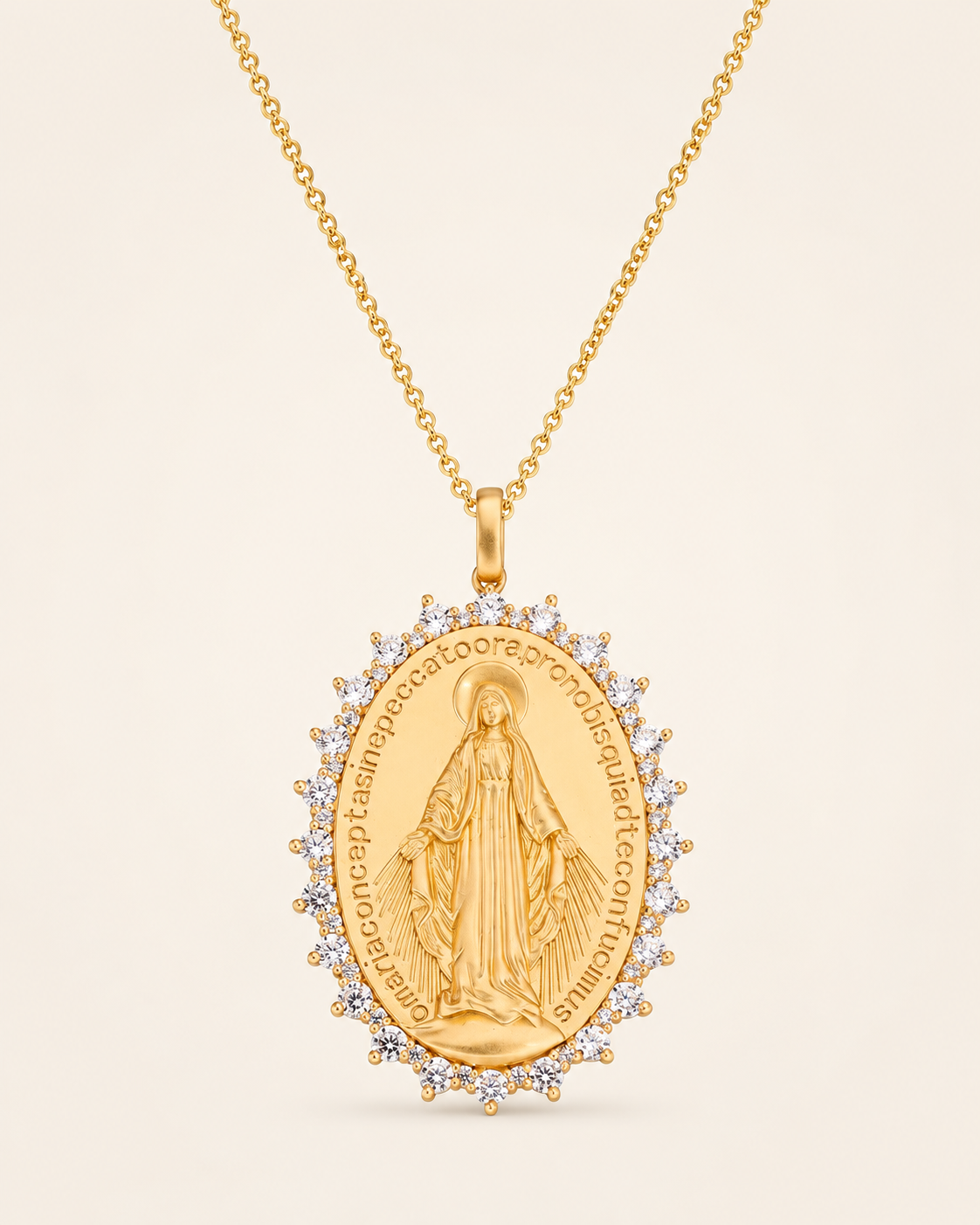 Amen Collana Argento 925 Dorato Medaglia Miracolosa con Zirconi Bianchi