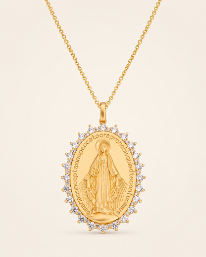 Amen Collana Argento 925 Dorato Medaglia Miracolosa con Zirconi Bianchi