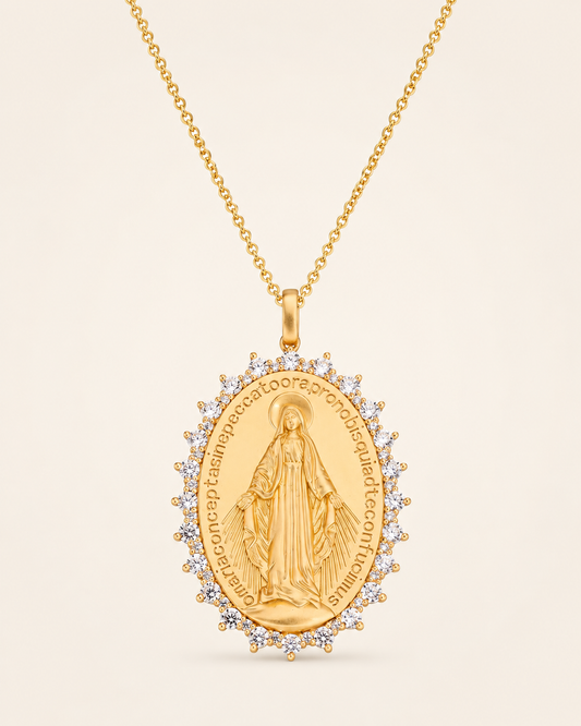 Amen Collana Argento 925 Dorato Medaglia Miracolosa con Zirconi Bianchi
