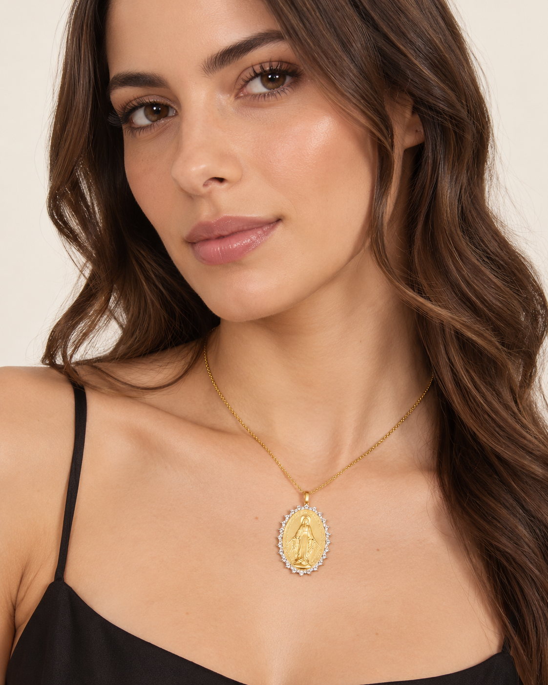 Amen Collana Argento 925 Dorato Medaglia Miracolosa con Zirconi Bianchi