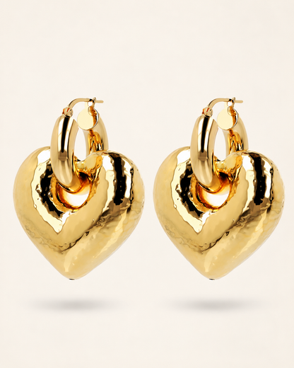 Etrusca Orecchini a Cerchio con Pendente Cuore Martellato Placcati Oro Giallo 18kt